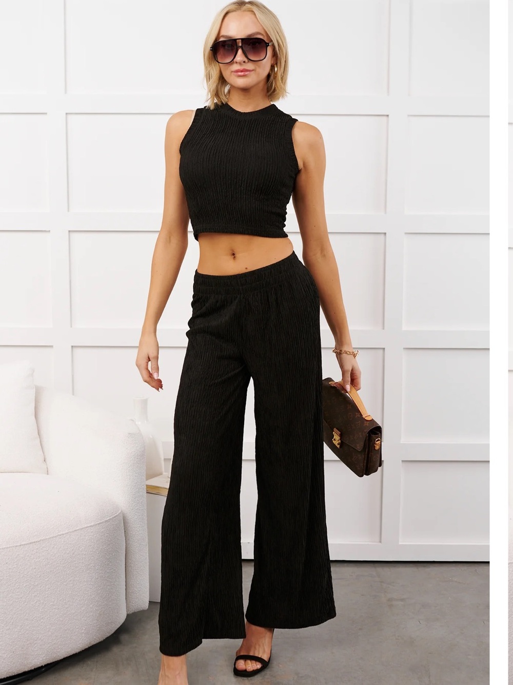 NWT Sleeveless Ribbed Crop Top and Wide-Leg Pants Set - Black